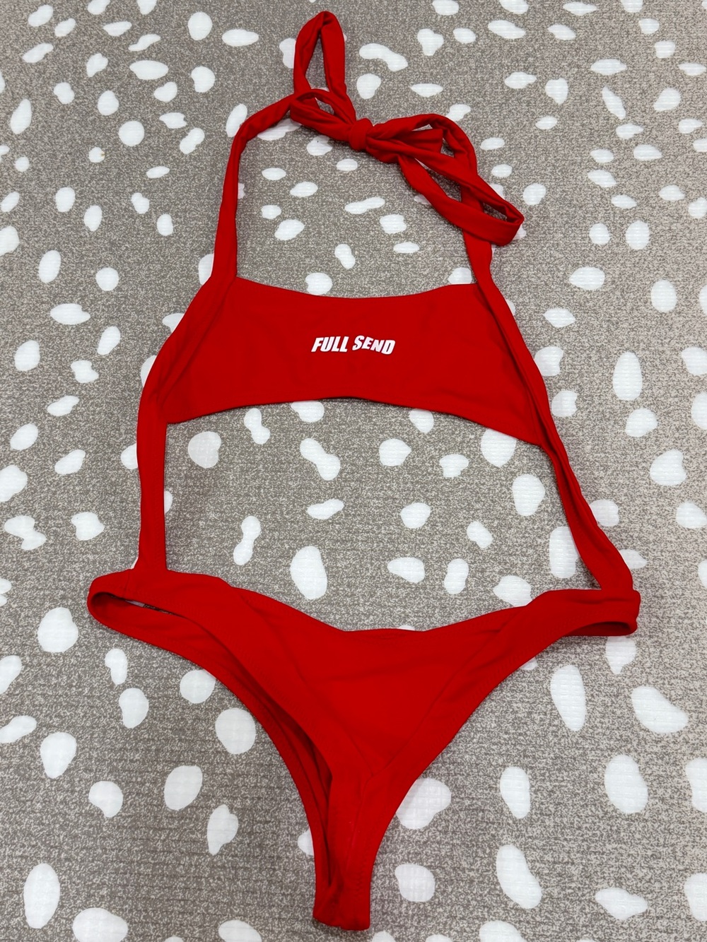 Full Send one piece swimsuit cutout halter open back thong cheeky sexy